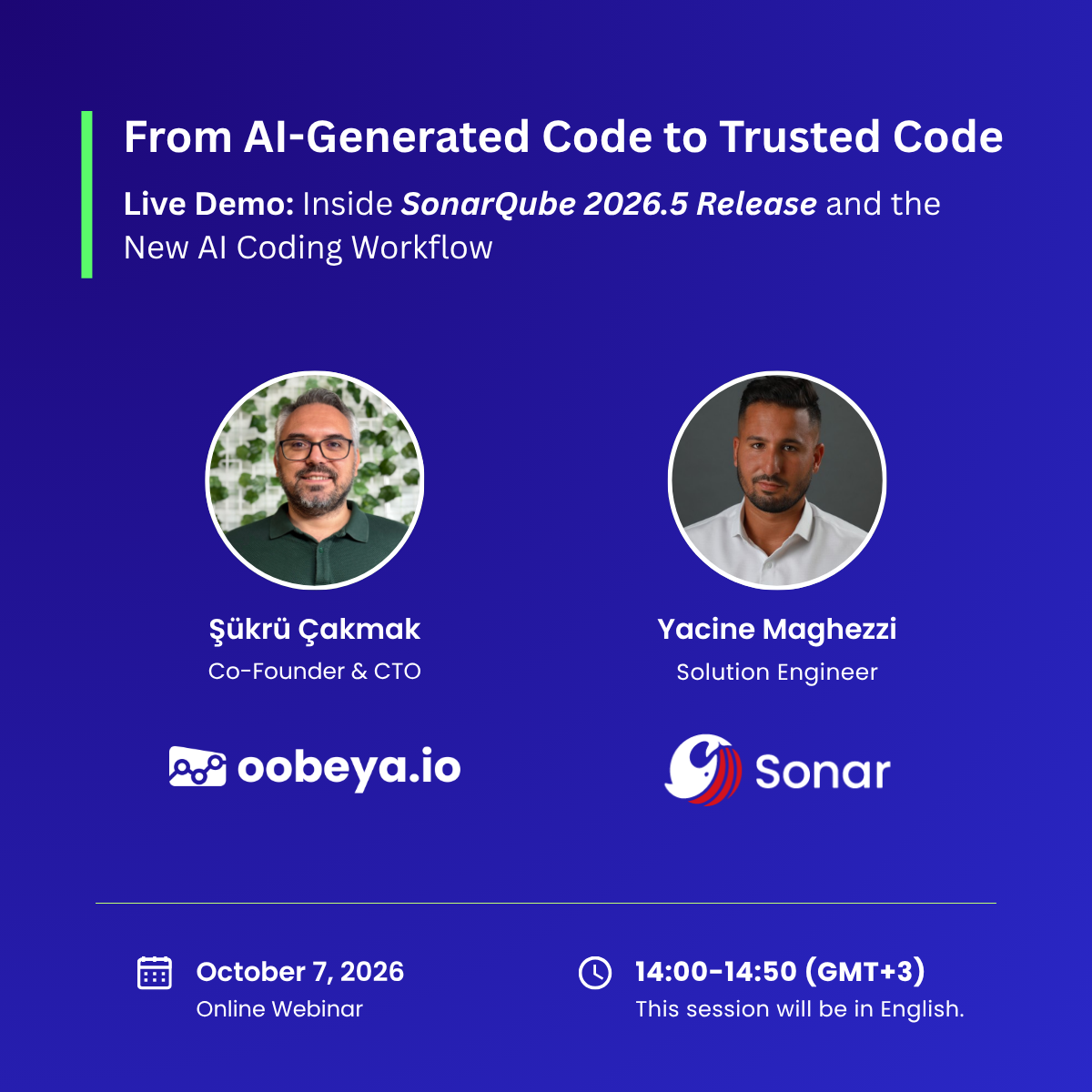 From AI-Generated Code to Trusted Code webinar visual with Oobeya and Sonar